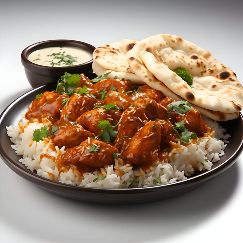 Bada Indian Tikka and Curry's chicken tikka masala with rice, naan bread, and raita.