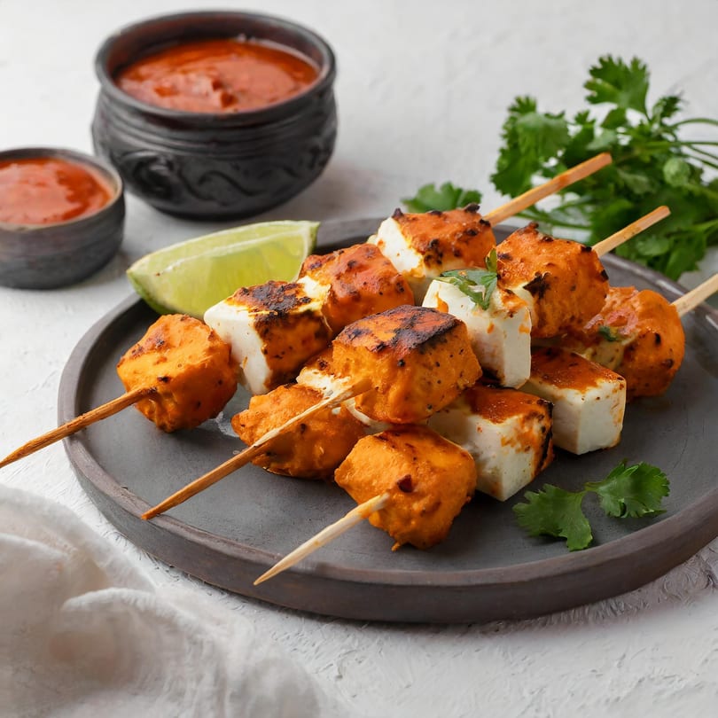 Bada Indian Tikka and Curry's paneer tikka skewers with lime and two bowls of sauce.