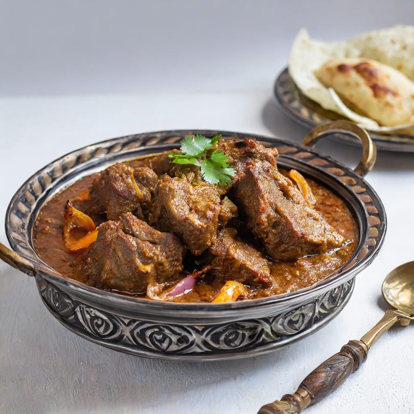 A silver bowl of Indian lamb curry with cilantro, onions, and peppers, with naan bread.