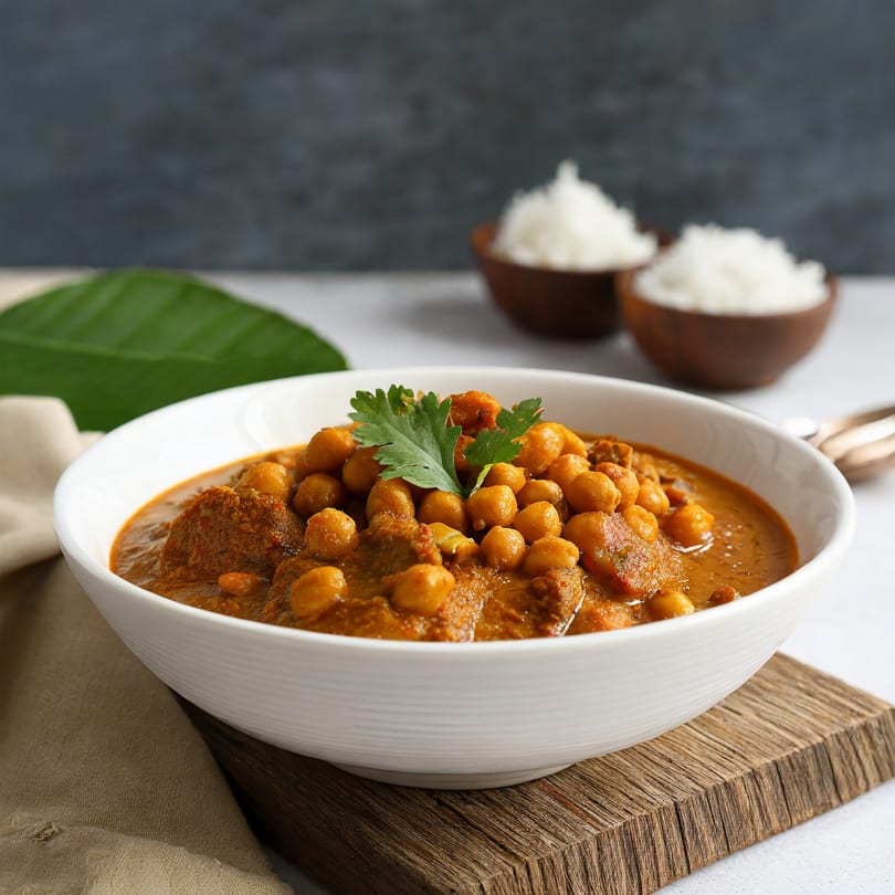 A white bowl of Bada Indian Tikka and Curry's chickpea and meat curry, garnished with cilantro, with rice in the background.