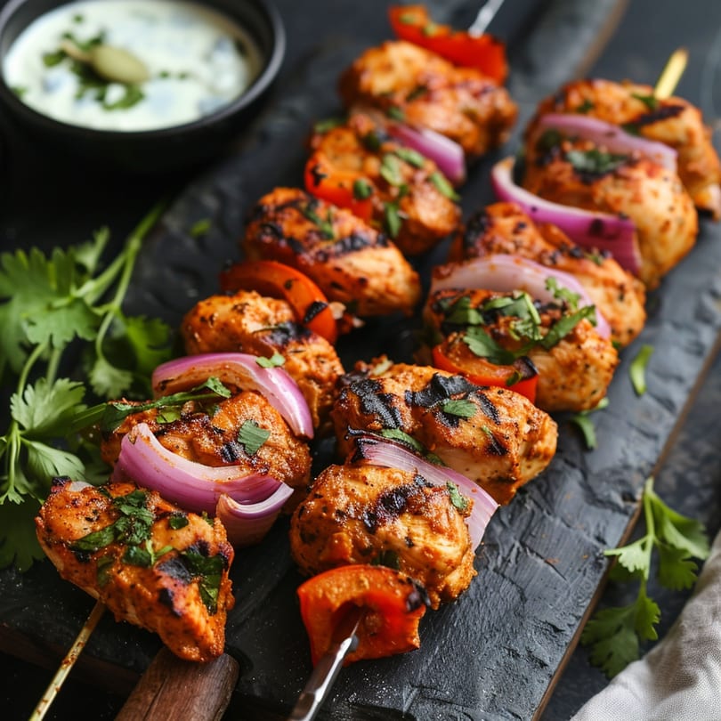 Grilled chicken tikka skewers with red onions and bell peppers, served with a side of raita.