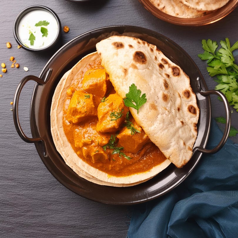 Bada Indian Tikka and Curry's chicken tikka masala with naan bread and a side of raita.