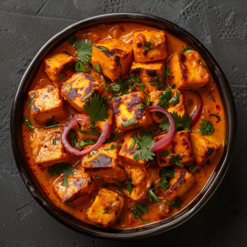 Bada Indian Tikka and Curry's paneer tikka masala, garnished with red onions and cilantro.