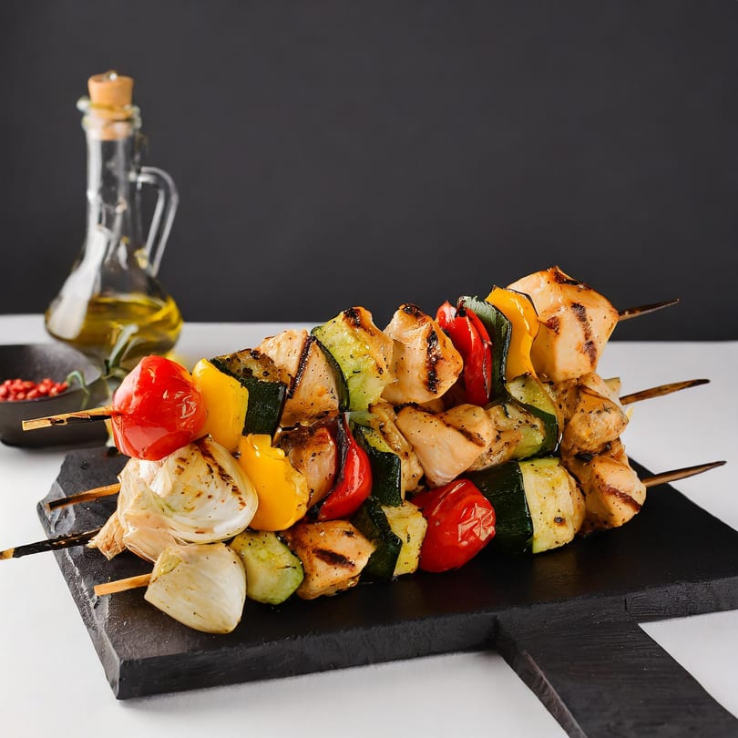 Three grilled chicken and vegetable skewers with bell peppers, zucchini, and onions on a black board.